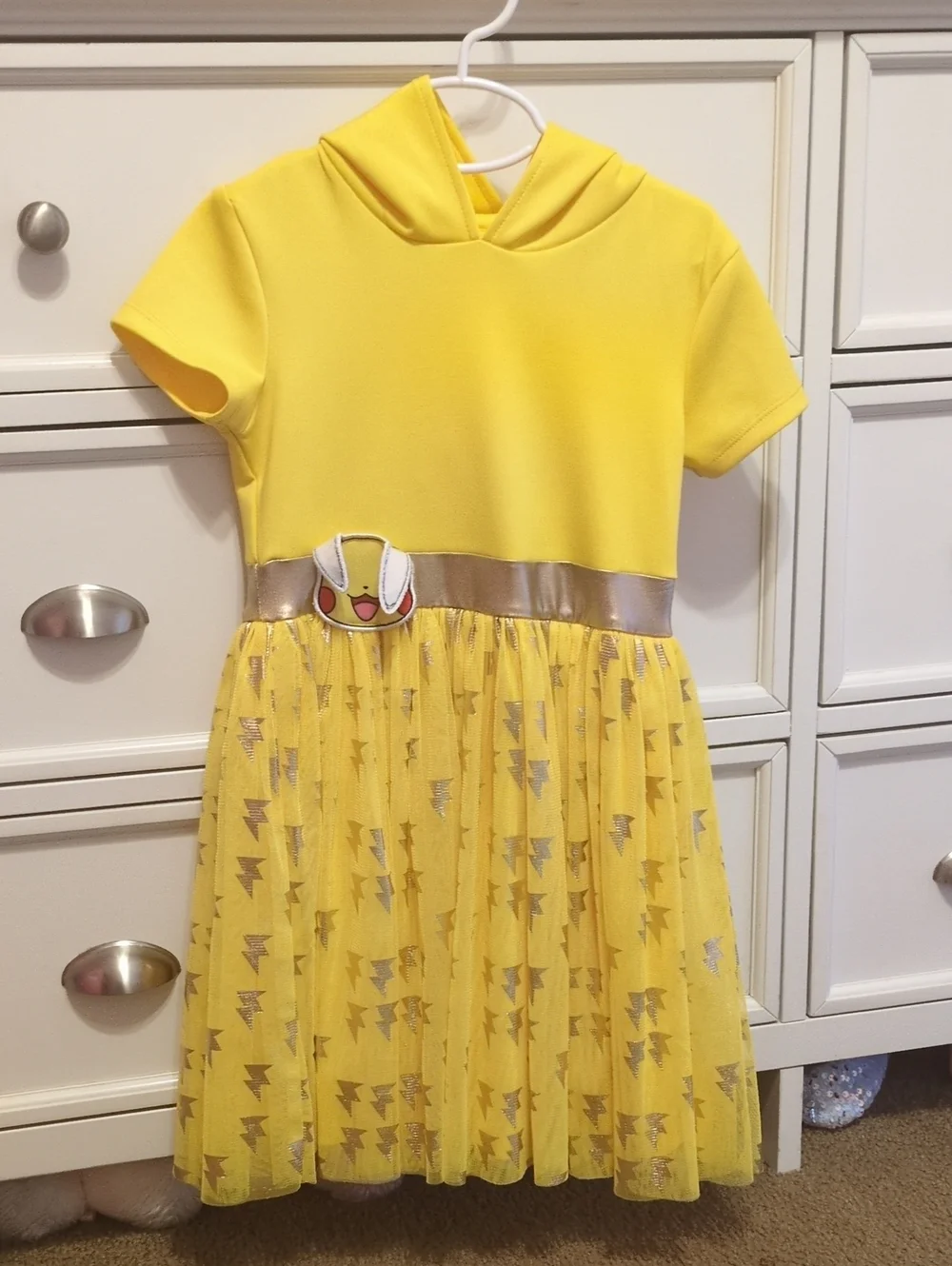 Girls' Yellow Hooded Tulle Dress with Metallic Waistband